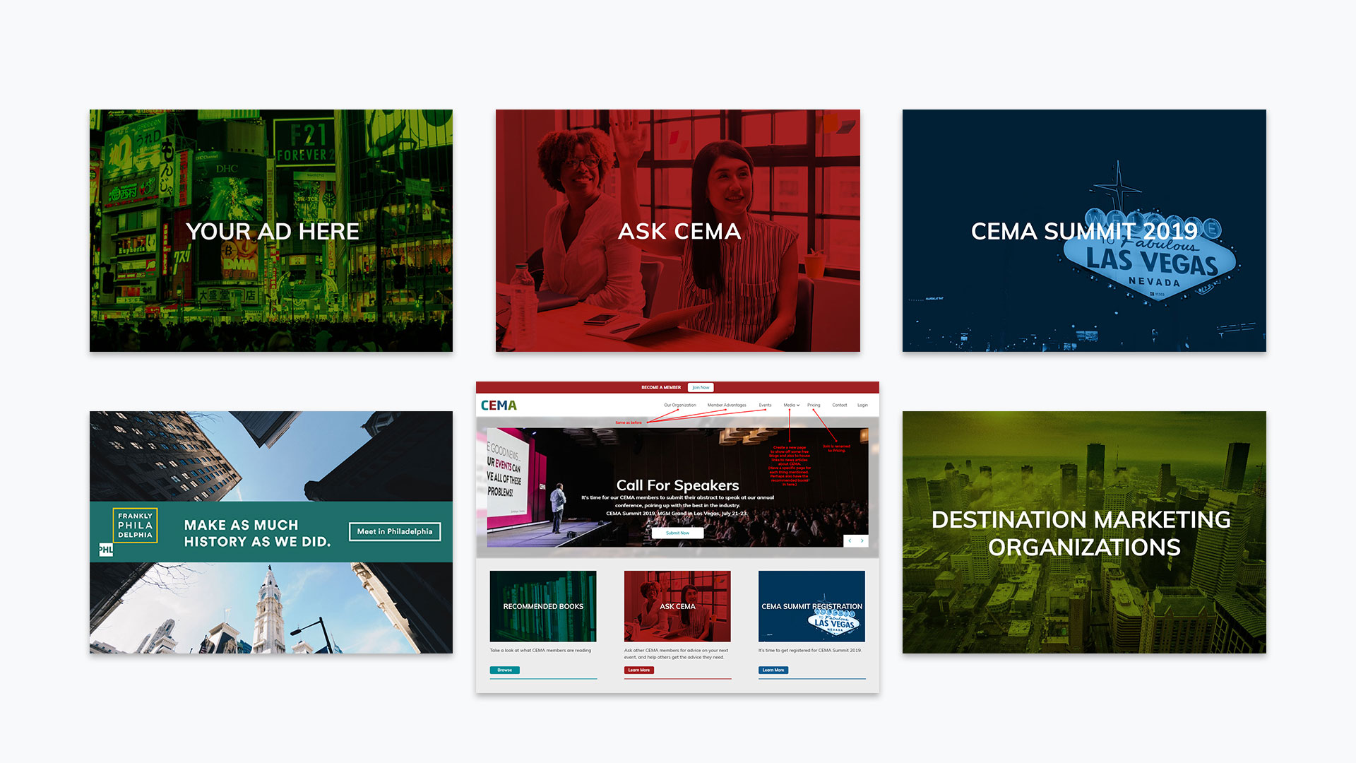 Ad cards designed as Call to Actions on the homepage of their site.