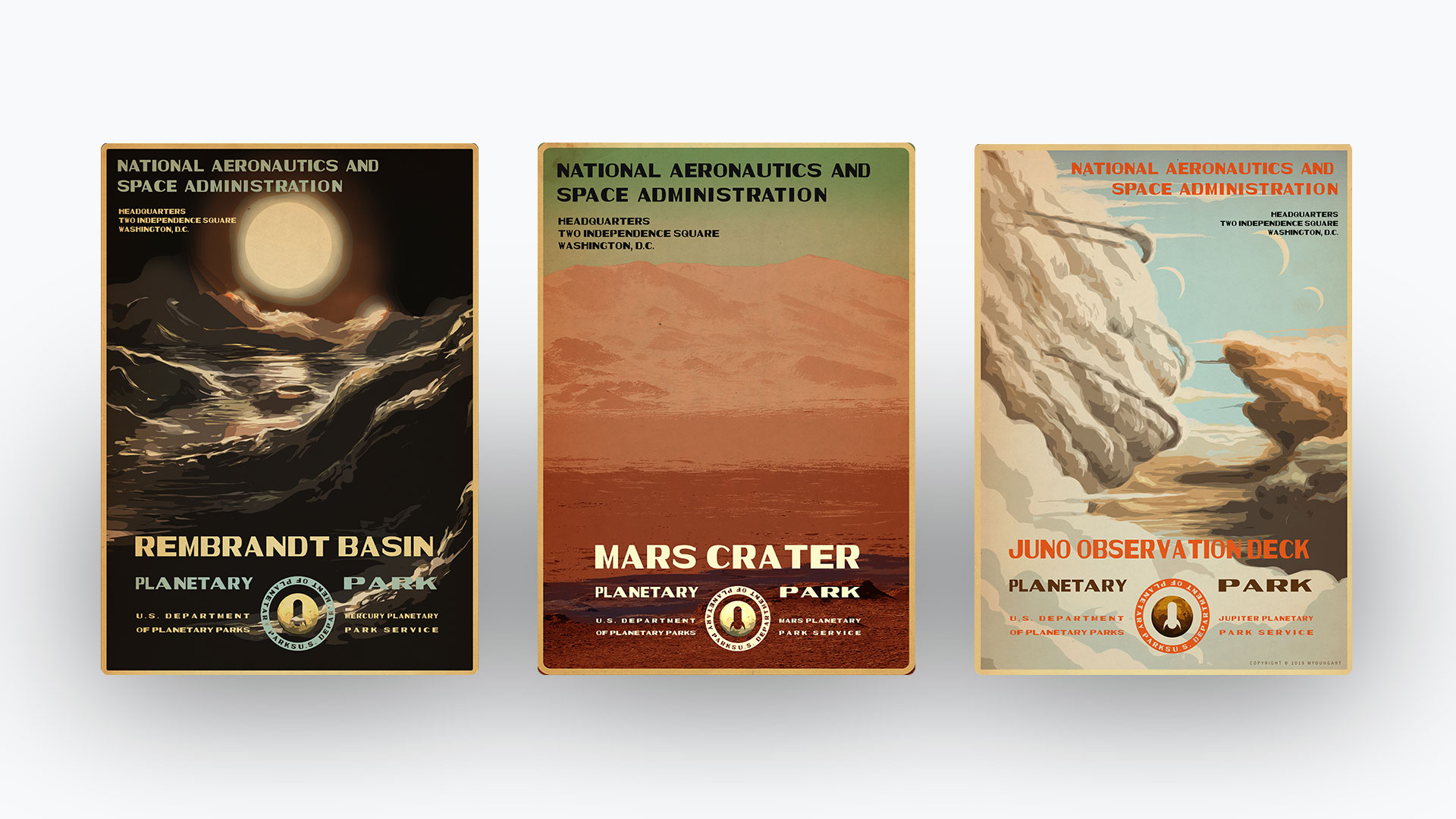 Three images of Planetary Parks for Mars, Mercury and Jupiter in the style of National Park posters